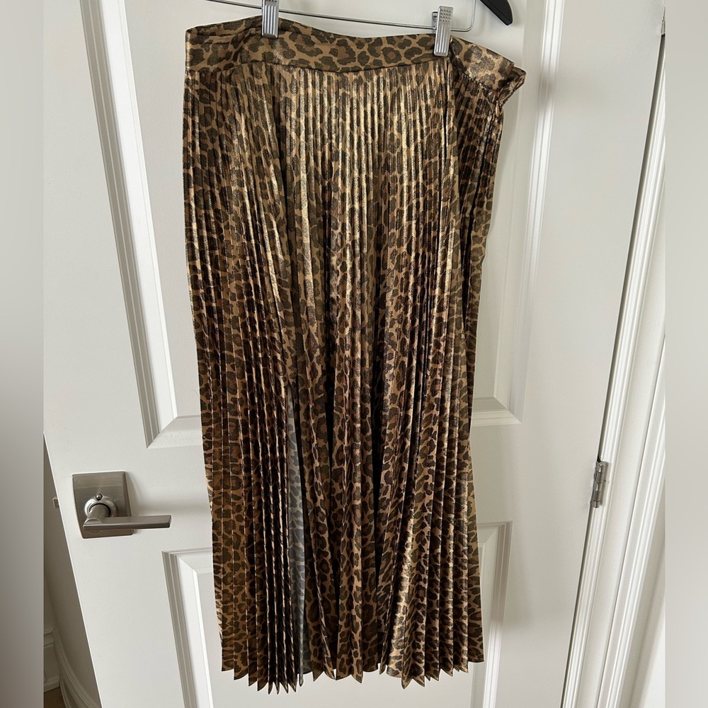 A.L.C. LEOPARD ANIMAL PRINT GOLD METALLIC PLEATED MIDI SKIRT - 12